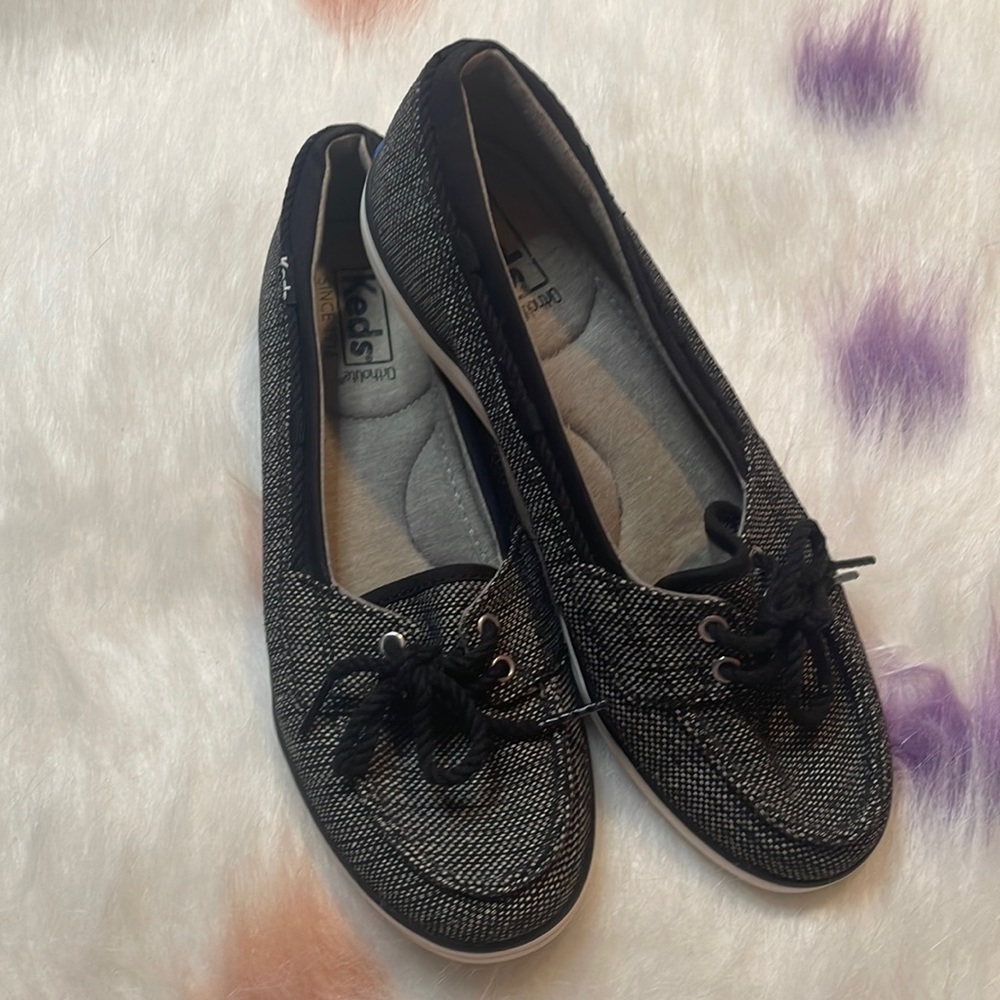 KEDS Womens Sz 7 Twill Flat Black Gray Comfort Casual Slip On Boat Shoe